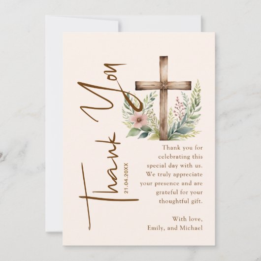 Carte De Remerciements Script calligraphie Croix rustique Verdure Baptême (Devant)