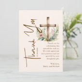 Carte De Remerciements Script calligraphie Croix rustique Verdure Baptême (Debout devant)