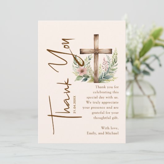 Carte De Remerciements Script calligraphie Croix rustique Verdure Baptême (Debout devant)