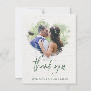 Carte De Remerciements Script de photo de mariage à cœur aquarelle peinte