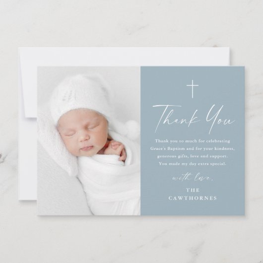 Carte De Remerciements Script élégant moderne Dusty Blue Photo Baptême (Devant)