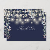 Carte De Remerciements Script Floral Fleur sauvage Navy Blue String Lumiè (Devant / Derrière)