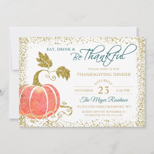 Carte De Remerciements Script Gold Citrouille Thanksgiving Dîner Invitati (Devant)