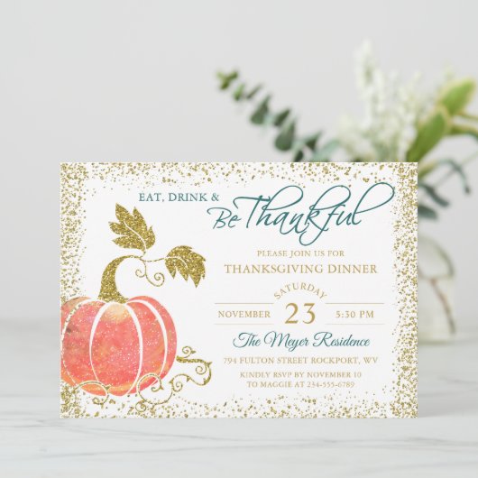 Carte De Remerciements Script Gold Citrouille Thanksgiving Dîner Invitati (Debout devant)