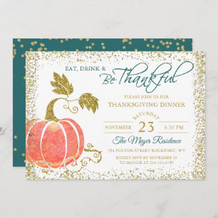 Carte De Remerciements Script Gold Citrouille Thanksgiving Dîner Invitati