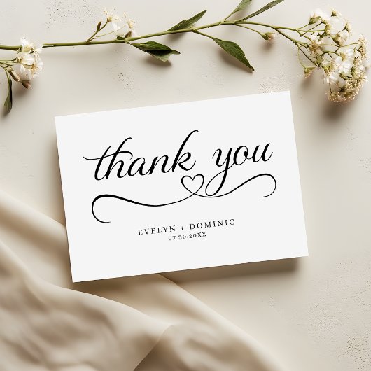 Carte De Remerciements Script Heart Typography romantic Wedding
