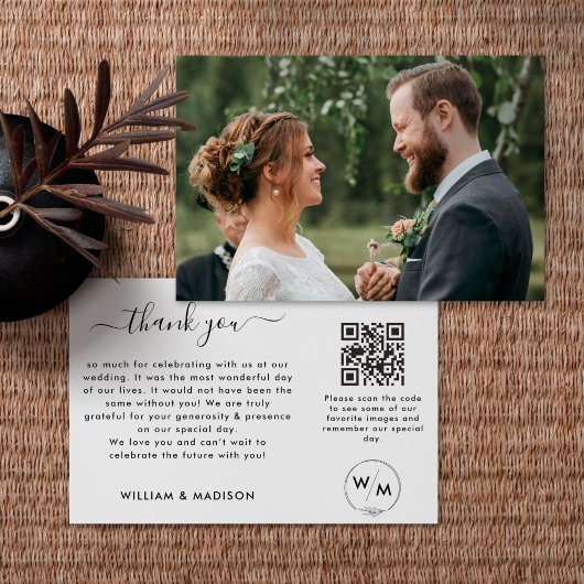 Carte De Remerciements Script Mariage Simple Avec Monogramme Et Code QR