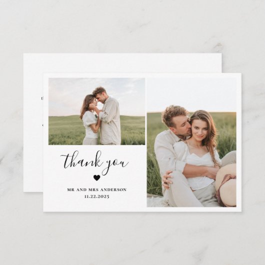 Carte De Remerciements Script Minimal Deux Photo Avec Mariage Coeur (Devant / Derrière)