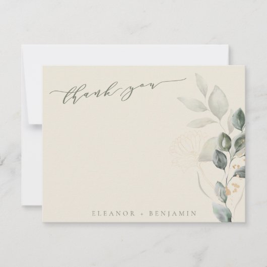 Carte De Remerciements Script minimal Rustique Gold Green Mariage plat (Devant)