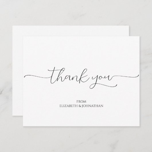 Carte De Remerciements Script minimal simple Mariage noir et blanc (Devant / Derrière)