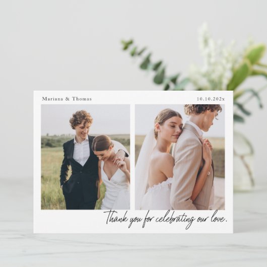 Carte De Remerciements Script Modern Wedding 2 Photos Thank You Card (Debout devant)