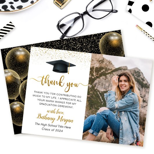 Carte De Remerciements Script moderne Black Gold Balloon Graduation Photo