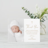 Carte De Remerciements Script moderne élégant Croix d'or photo Baptême (Debout devant)