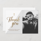Carte De Remerciements Script moderne Gold Cross Grey Boy First Communion (Devant / Derrière)