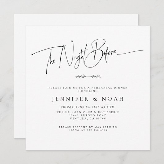 Carte De Remerciements Script Moderne La Nuit Avant L'Invitation (Devant / Derrière)