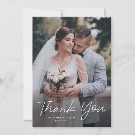 Carte De Remerciements Script moderne Mariage photo simple (Devant)