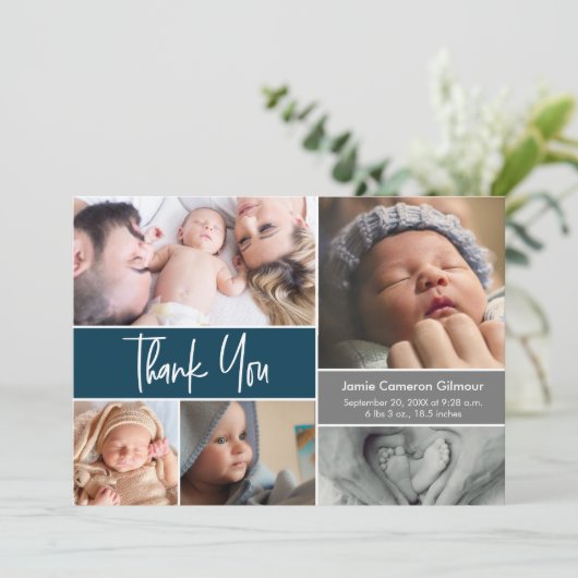 Carte De Remerciements Script moderne Photo Collage baby shower bleu fonc (Debout devant)