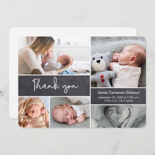 Carte De Remerciements Script moderne Photo Collage bébé garçon douche (Devant / Derrière)