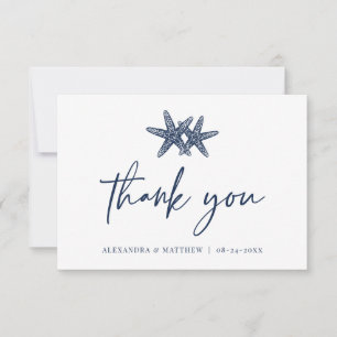 Carte De Remerciements Script moderne Plage Starfish Mariage bleu marine