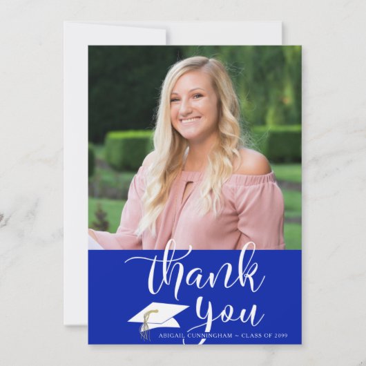 Carte De Remerciements Script moderne Royal Blue Graduation Photo (Devant)