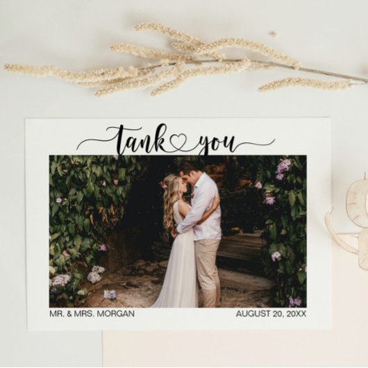 Carte De Remerciements Script simple avec coeur et photo | MARIAGE