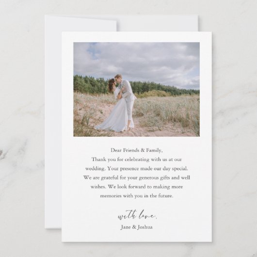 Carte De Remerciements Script simple Mariage moderne photo gris (Dos)