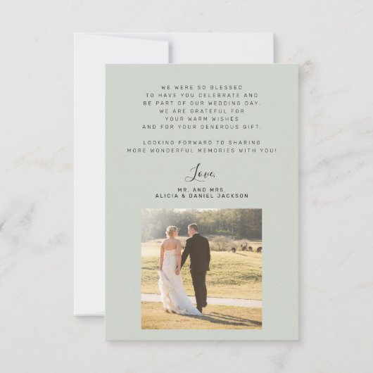 Carte De Remerciements Script simple moderne 2 photos mariage vert sage (Dos)