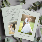 Carte De Remerciements Script simple moderne 2 photos mariage vert sage