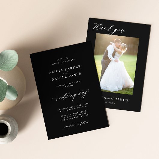 Carte De Remerciements Script simple moderne 2 photos noir mariage