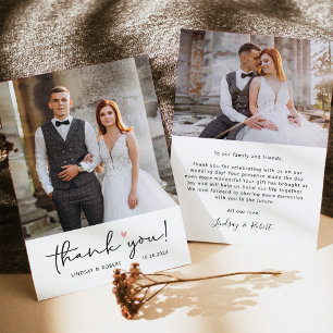 Carte De Remerciements Script simple moderne Love Heart Mariage Photo que