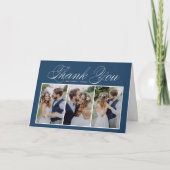 Carte De Remerciements Script Trois photo Collage Mariage bleu (Devant)