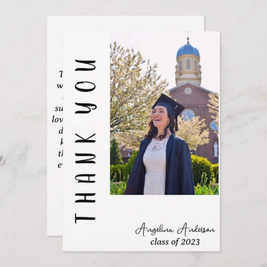 Carte De Remerciements Script vertical moderne Graduation photo simple (Devant / Derrière)