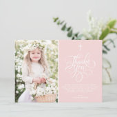 Carte De Remerciements Script Whimsical Blush Pink First Holy Communion (Debout devant)
