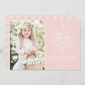 Carte De Remerciements Script Whimsical Blush Pink First Holy Communion (Devant / Derrière)
