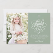 Carte De Remerciements Script Whimsical Sage Vert Première Sainte Communi (Devant)