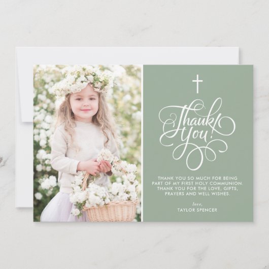 Carte De Remerciements Script Whimsical Sage Vert Première Sainte Communi (Devant)