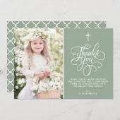 Carte De Remerciements Script Whimsical Sage Vert Première Sainte Communi (Devant / Derrière)