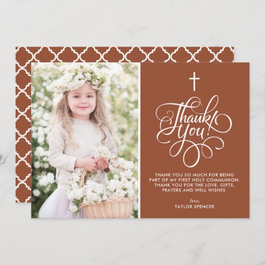 Carte De Remerciements Script Whimsical Terracotta Première Communion Pho (Devant / Derrière)