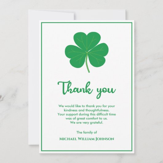 Carte De Remerciements Shamrock Blanc Et Vert Clover Irlandais Funéraille (Devant)