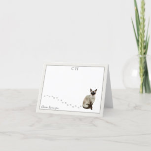 Carte De Remerciements Siamese Cat Grey Bordure Monogramme Nom Plié
