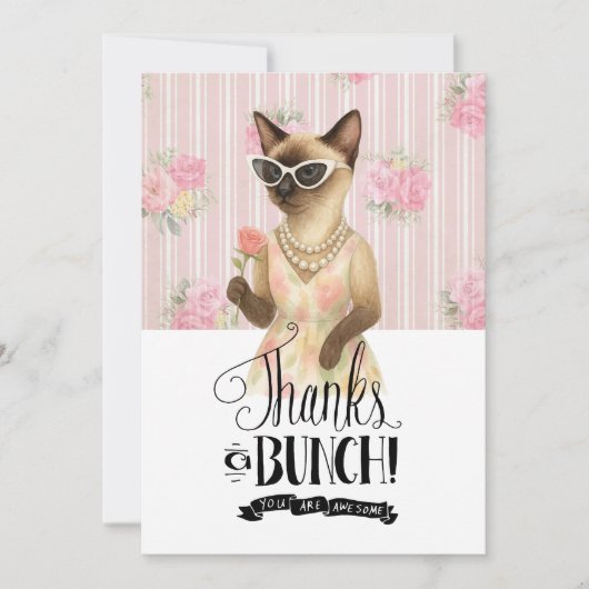 Carte De Remerciements Siamese Cat is holding flower pink rose (Devant)