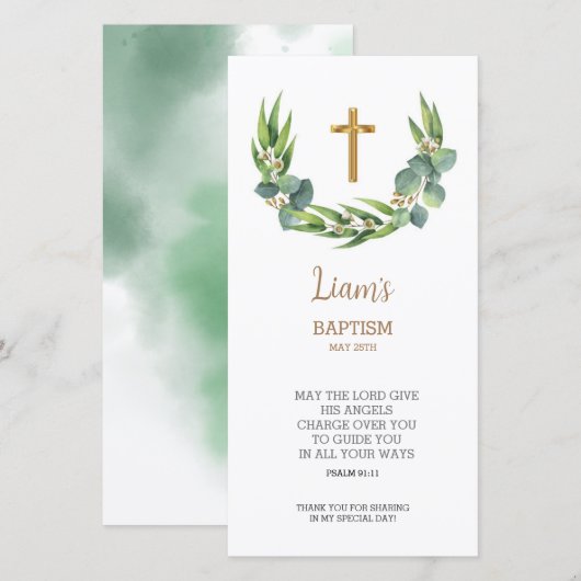 Carte de remerciements Signet verdoyant, Baptême F (Devant / Derrière)