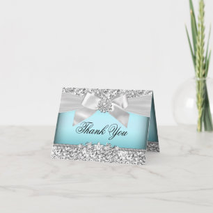 Carte De Remerciements Silver Blue Glitter et Jewel Bow Thank You Card