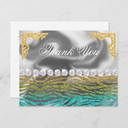 Carte De Remerciements Silver Foil Gold, Turquoise Zebra Print Anniversai (Devant / Derrière)