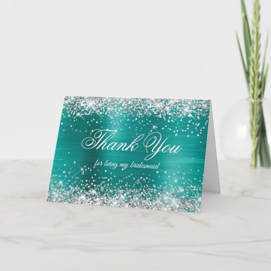 Carte De Remerciements Silver Glitter Aqua Teal Foil Bridesmaid (Devant)