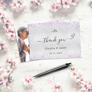 Carte De Remerciements Silver violet photo élégant mariage