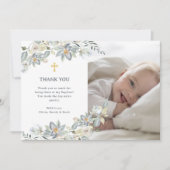 Carte De Remerciements Simple Croix d'Eucalyptus et d'Or | Photo Baptême (Devant)