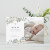 Carte De Remerciements Simple Croix d'Eucalyptus et d'Or | Photo Baptême (Debout devant)