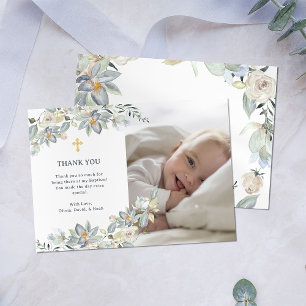 Carte De Remerciements Simple Croix d'Eucalyptus et d'Or Photo Baptême
