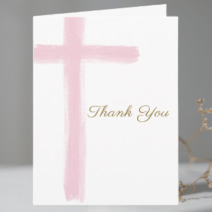 Carte De Remerciements Simple Croix Rose Première Sainte Communion Pliée